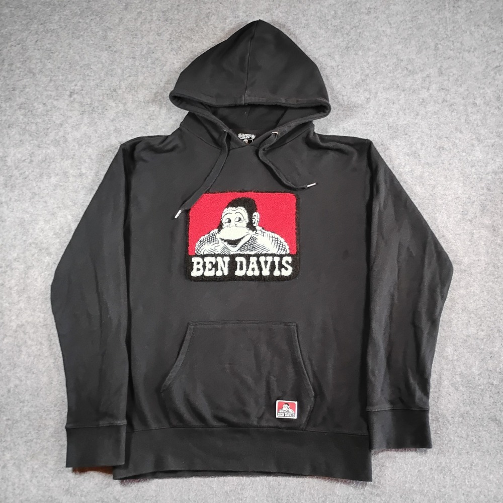 Ben Davis Mens Black Chenille Gorilla Patch Pullover Hoodie Sweatshirt Large